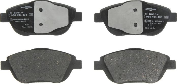 BOSCH 0 986 494 438 - Гальмівні колодки, дискові гальма autozip.com.ua