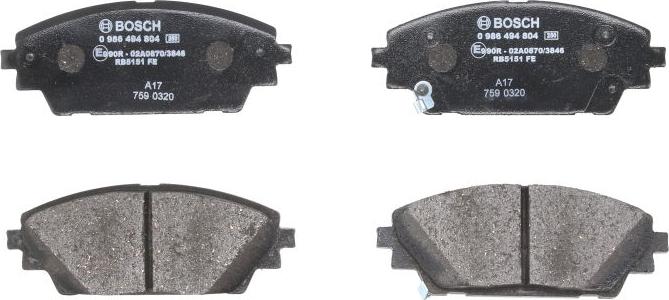 BOSCH 0 986 494 804 - Гальмівні колодки, дискові гальма autozip.com.ua
