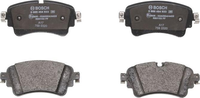 BOSCH 0 986 494 833 - Гальмівні колодки, дискові гальма autozip.com.ua