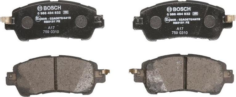 BOSCH 0 986 494 832 - Гальмівні колодки, дискові гальма autozip.com.ua