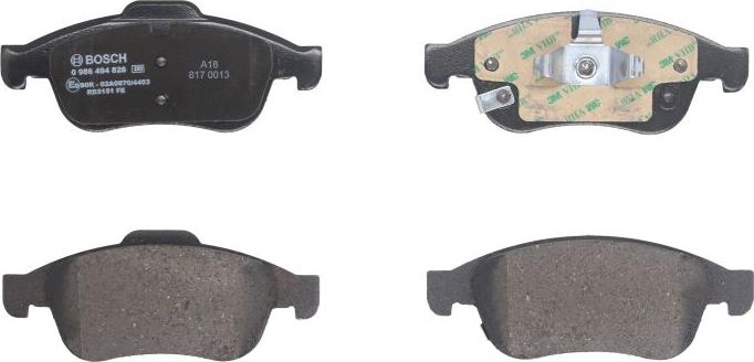 BOSCH 0 986 494 826 - Гальмівні колодки, дискові гальма autozip.com.ua