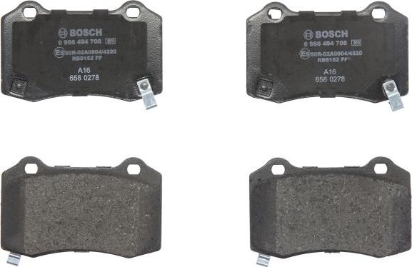 BOSCH 0 986 494 708 - Гальмівні колодки, дискові гальма autozip.com.ua