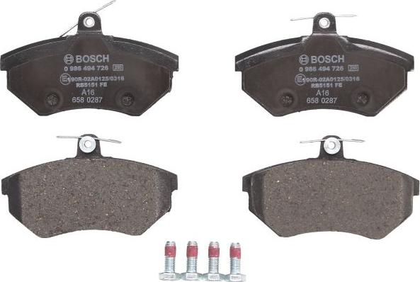 BOSCH 0 986 494 726 - Гальмівні колодки, дискові гальма autozip.com.ua