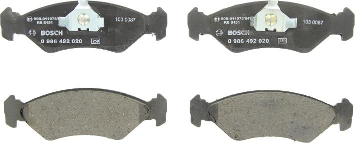 BOSCH 0 986 492 020 - Гальмівні колодки, дискові гальма autozip.com.ua