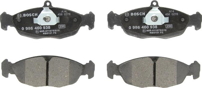 BOSCH 0 986 460 938 - Гальмівні колодки, дискові гальма autozip.com.ua
