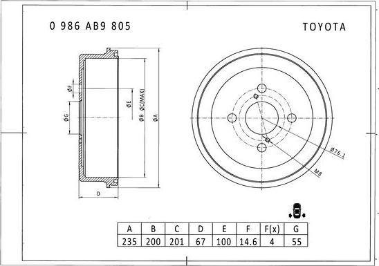 BOSCH 0 986 AB9 805 - Гальмівний барабан autozip.com.ua