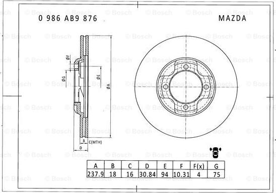 BOSCH 0 986 AB9 876 - Гальмівний диск autozip.com.ua