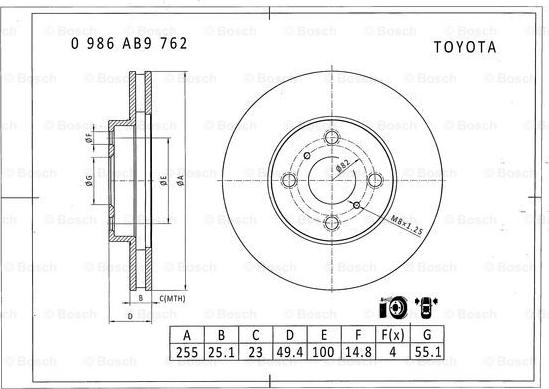 BOSCH 0 986 AB9 762 - Гальмівний диск autozip.com.ua