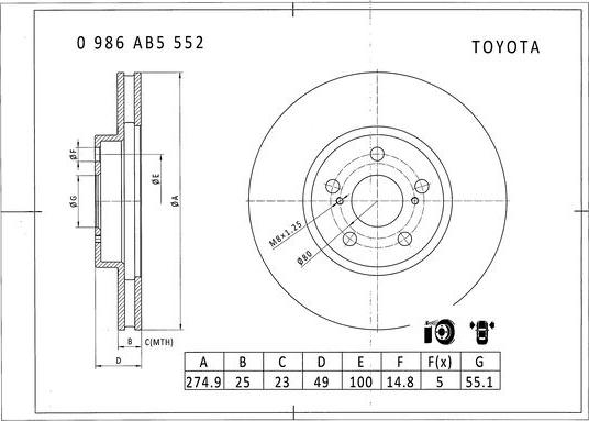 BOSCH 0 986 AB5 552 - Гальмівний диск autozip.com.ua