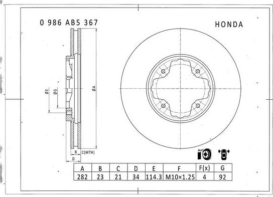 BOSCH 0 986 AB5 367 - Гальмівний диск autozip.com.ua