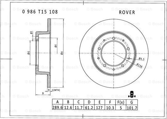 BOSCH 0 986 T15 108 - Гальмівний диск autozip.com.ua