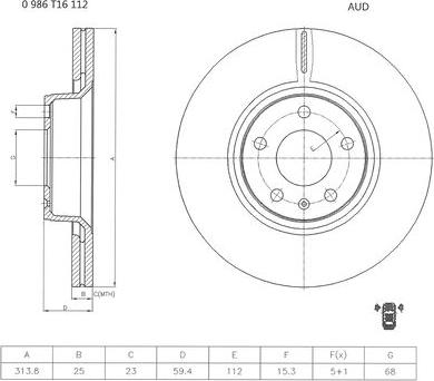 BOSCH 0 986 T16 112 - Гальмівний диск autozip.com.ua