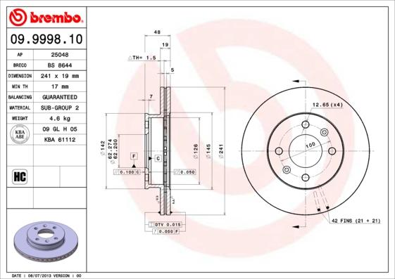 Brembo 09.9998.10 - Гальмівний диск autozip.com.ua