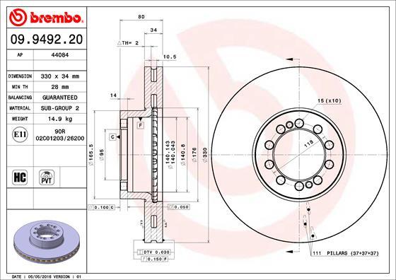 Brembo 09.9492.20 - Гальмівний диск autozip.com.ua