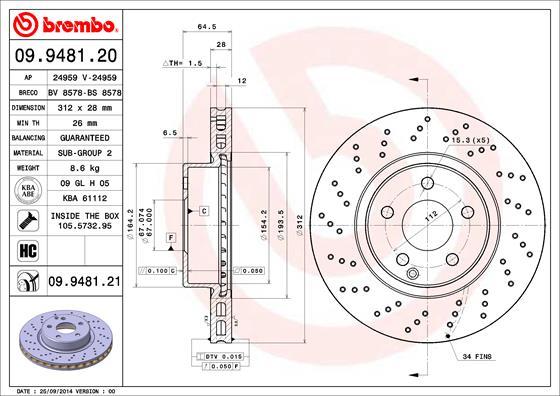 Brembo 09.9481.21 - Гальмівний диск autozip.com.ua