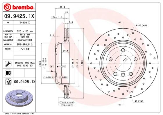 Brembo 09.9425.1X - Гальмівний диск autozip.com.ua