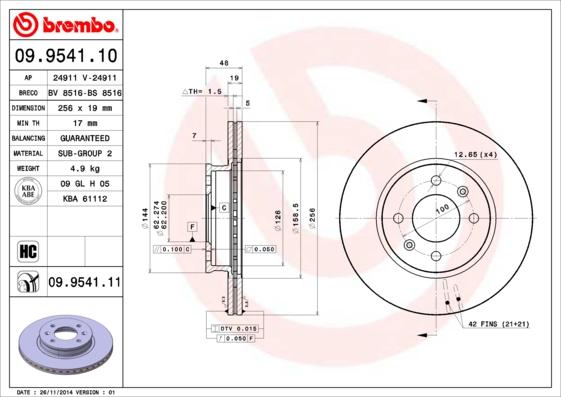 Brembo 09.9541.11 - Гальмівний диск autozip.com.ua