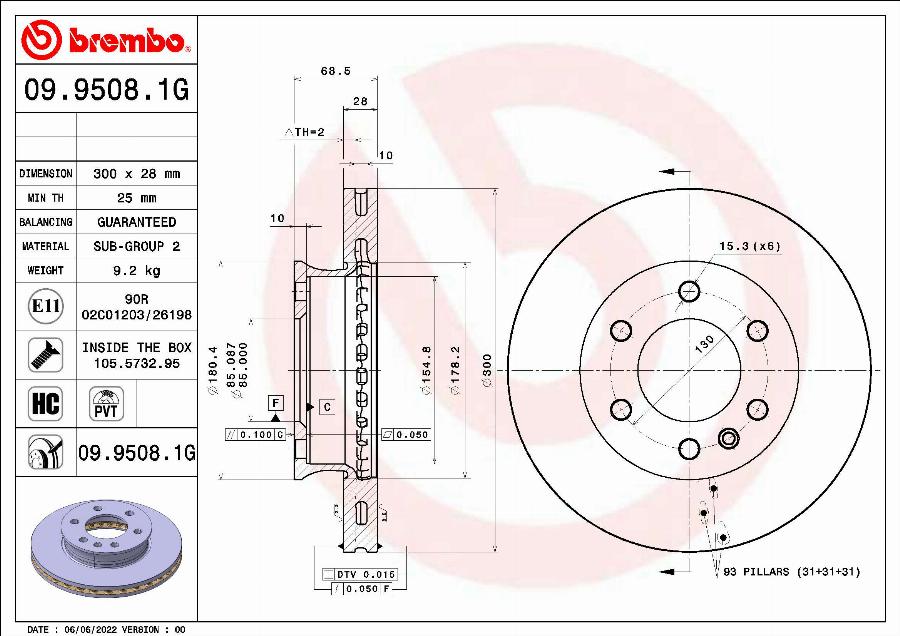 Brembo 09.9508.1G - Гальмівний диск autozip.com.ua