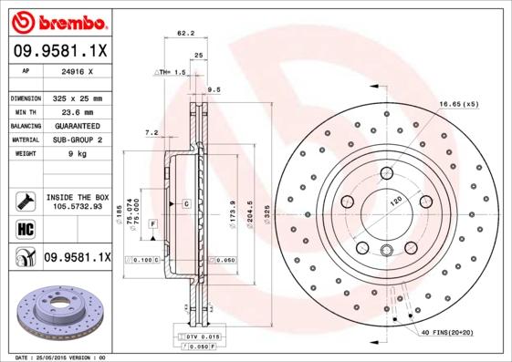 Brembo 09.9581.1X - Гальмівний диск autozip.com.ua
