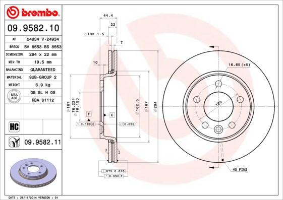 Brembo 09.9582.11 - Гальмівний диск autozip.com.ua