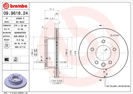 Brembo 09.9618.24 - Гальмівний диск autozip.com.ua