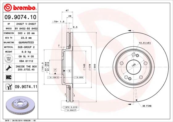 Brembo 09.9074.10 - Гальмівний диск autozip.com.ua