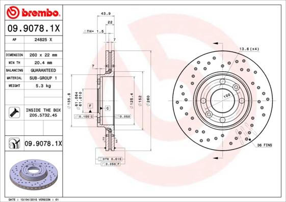 Brembo 09.9078.1X - Гальмівний диск autozip.com.ua