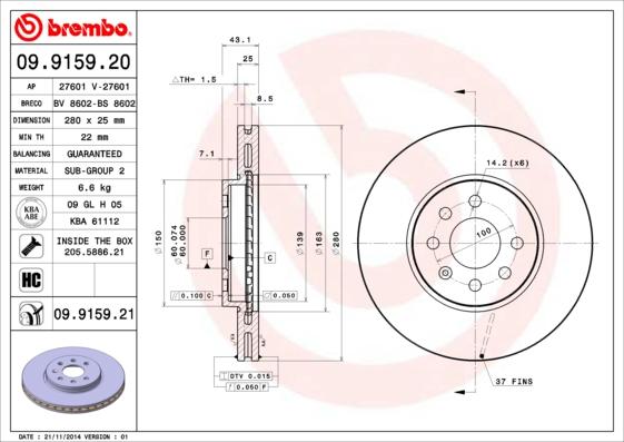 Brembo 09.9159.21 - Гальмівний диск autozip.com.ua