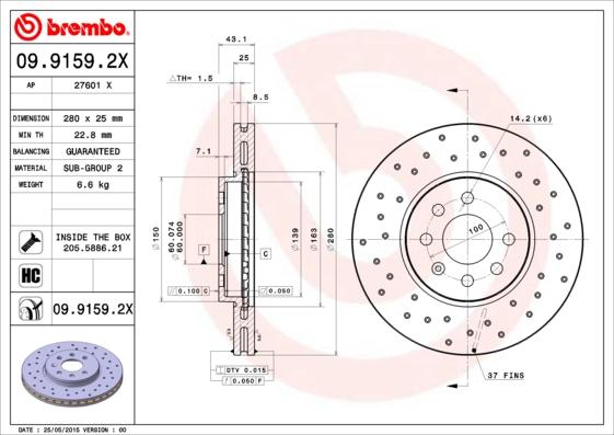 Brembo 09.9159.2X - Гальмівний диск autozip.com.ua