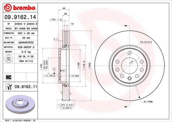 Brembo 09.9162.14 - Гальмівний диск autozip.com.ua