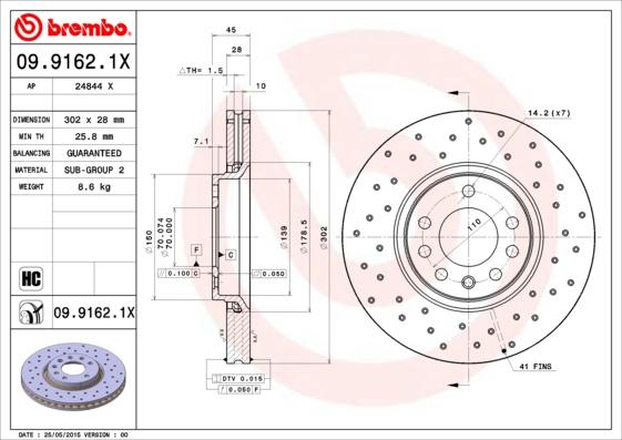 Brembo 09.9162.1X - Гальмівний диск autozip.com.ua