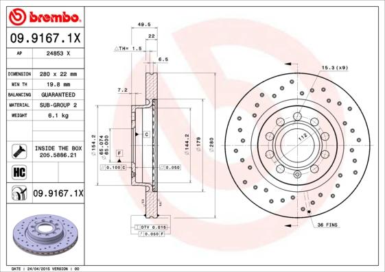 Brembo 09.9167.1X - Гальмівний диск autozip.com.ua