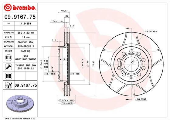 Brembo 09.9167.75 - Гальмівний диск autozip.com.ua