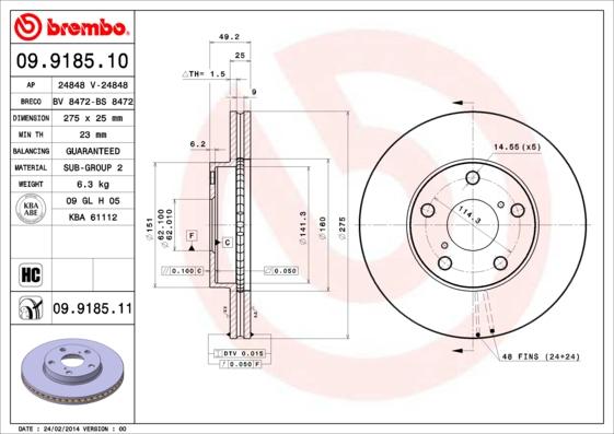 Brembo 09.9185.10 - Гальмівний диск autozip.com.ua