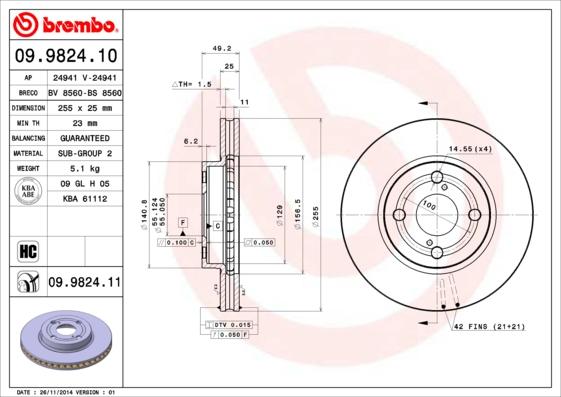 Brembo 09.9824.11 - Гальмівний диск autozip.com.ua