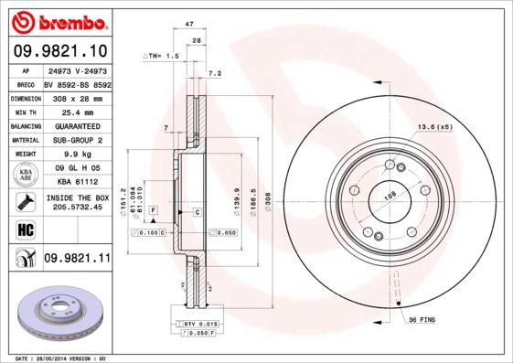 Brembo 09.9821.10 - Гальмівний диск autozip.com.ua