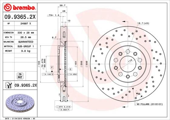 Brembo 09.9365.2X - Гальмівний диск autozip.com.ua