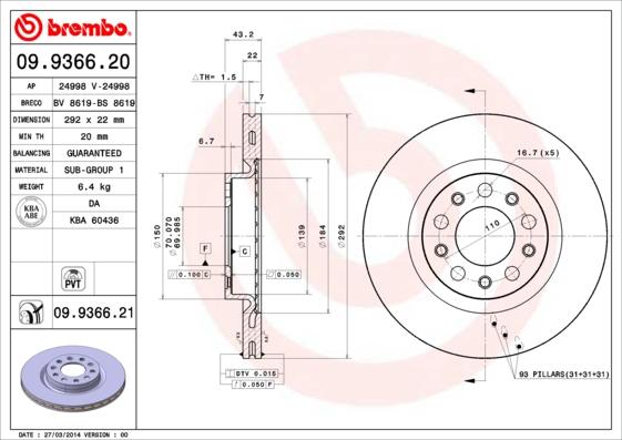 Brembo 09.9366.20 - Гальмівний диск autozip.com.ua