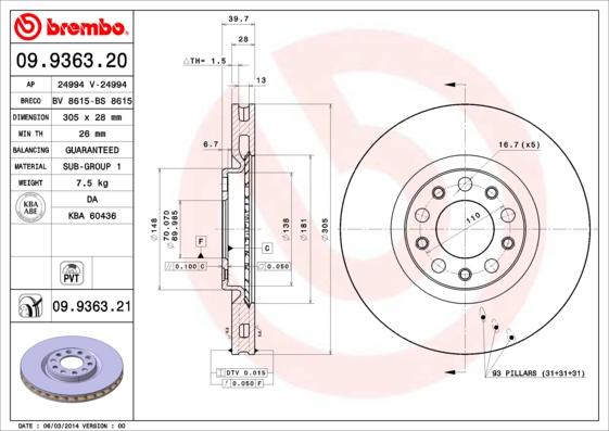 Brembo 09.9363.21 - Гальмівний диск autozip.com.ua