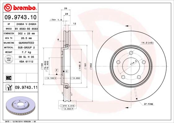 Brembo 09.9743.11 - Гальмівний диск autozip.com.ua