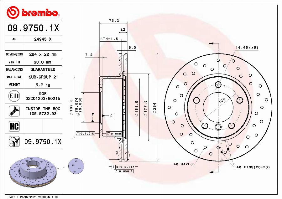 Brembo 09.9750.1X - Гальмівний диск autozip.com.ua