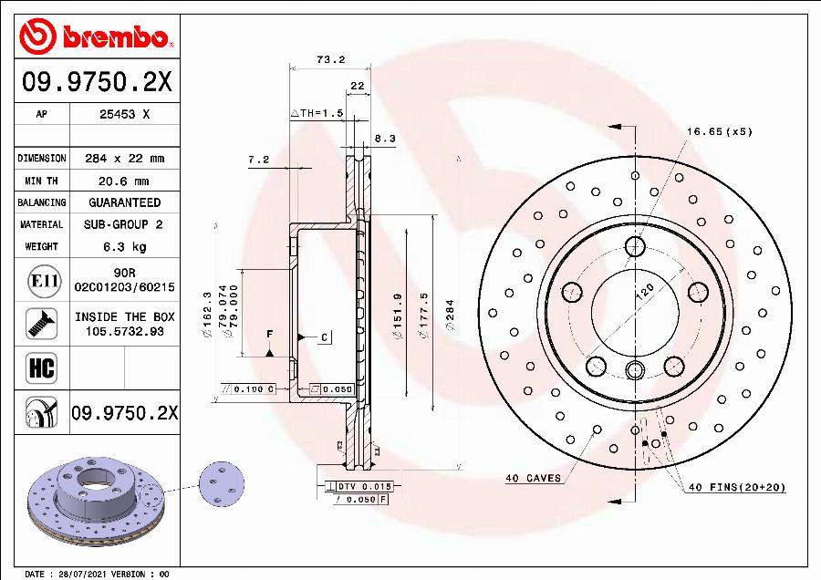 Brembo 09.9750.2X - Гальмівний диск autozip.com.ua