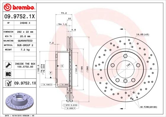 Brembo 09.9752.1X - Гальмівний диск autozip.com.ua