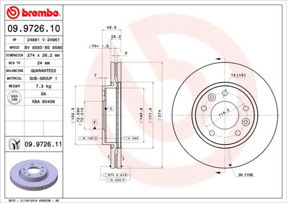 Brembo 09.9726.10 - Гальмівний диск autozip.com.ua