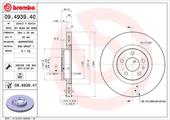 Brembo 09.4939.41 - Гальмівний диск autozip.com.ua