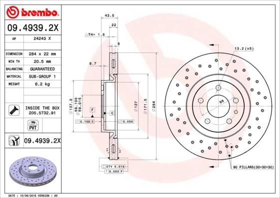 Brembo 09.4939.2X - Гальмівний диск autozip.com.ua