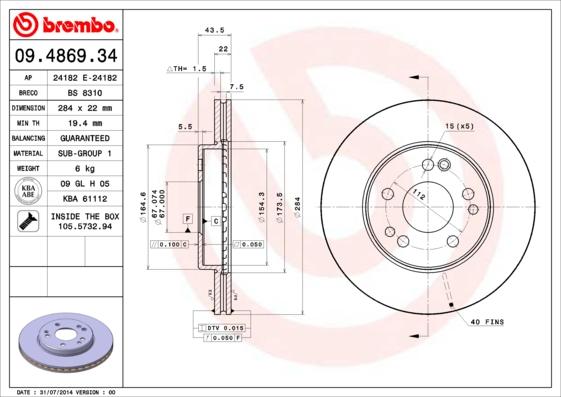 Brembo 09.4869.34 - Гальмівний диск autozip.com.ua