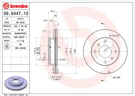 Brembo 09.5447.10 - Гальмівний диск autozip.com.ua