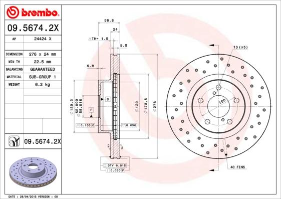 Brembo 09.5674.2X - Гальмівний диск autozip.com.ua