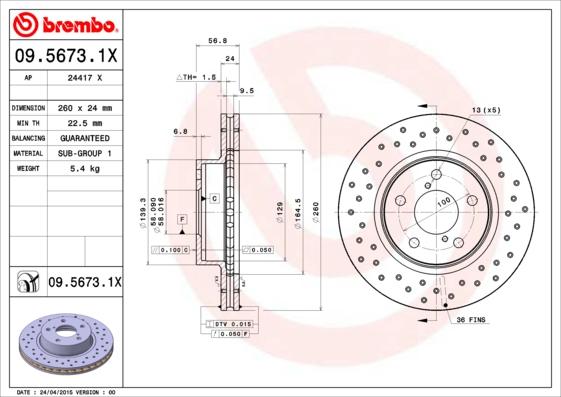 Brembo 09.5673.1X - Гальмівний диск autozip.com.ua